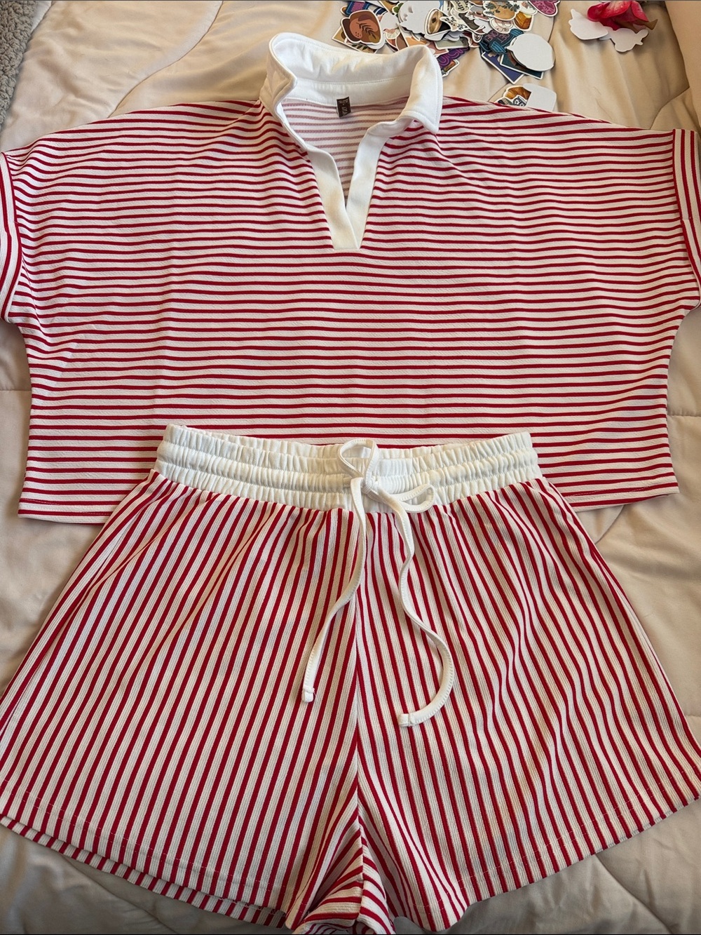 Zenana Red and White Striped Polo Top & Shorts Set